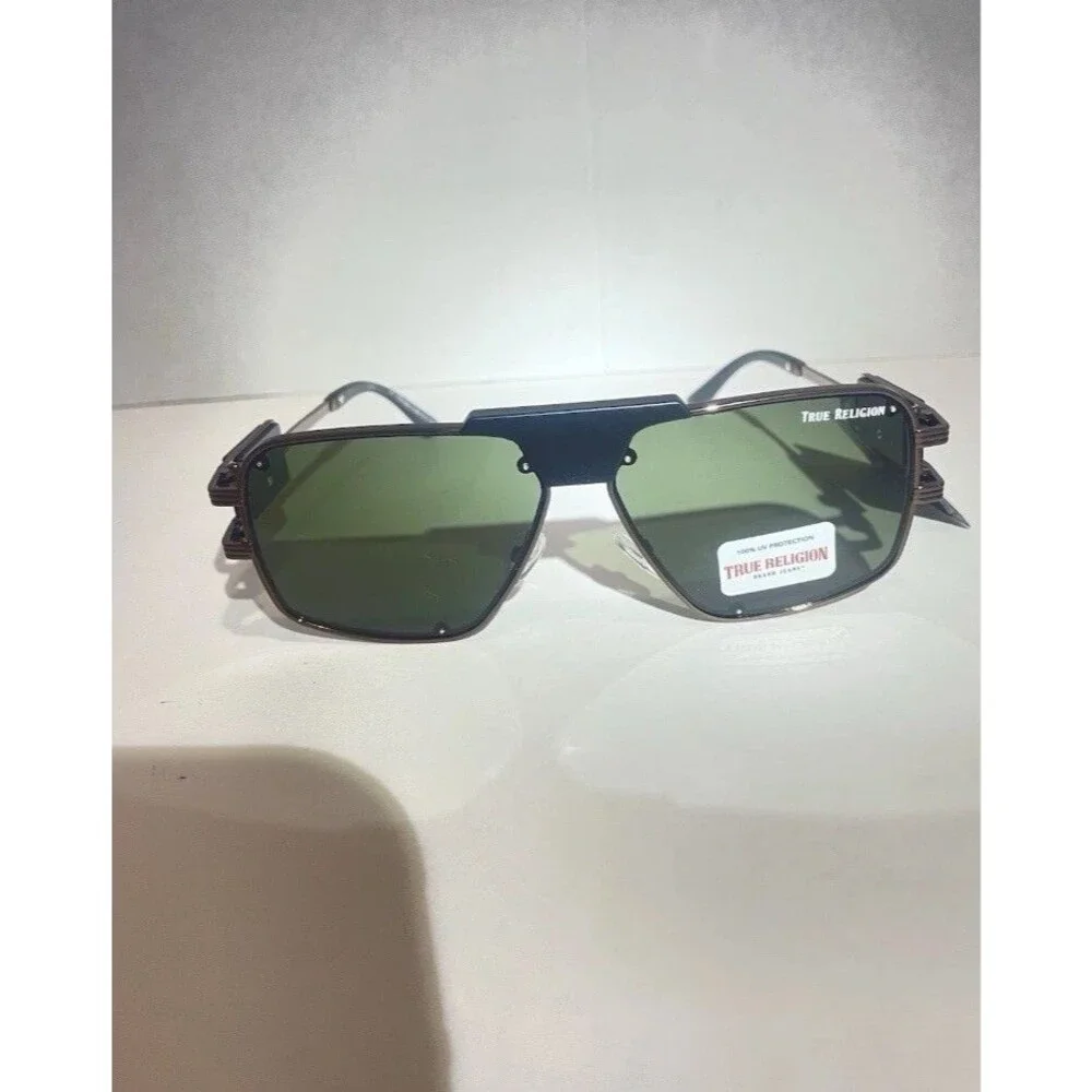 TRUE RELIGION Square Aviator Sunglasses Green Lens Bronze Metal New